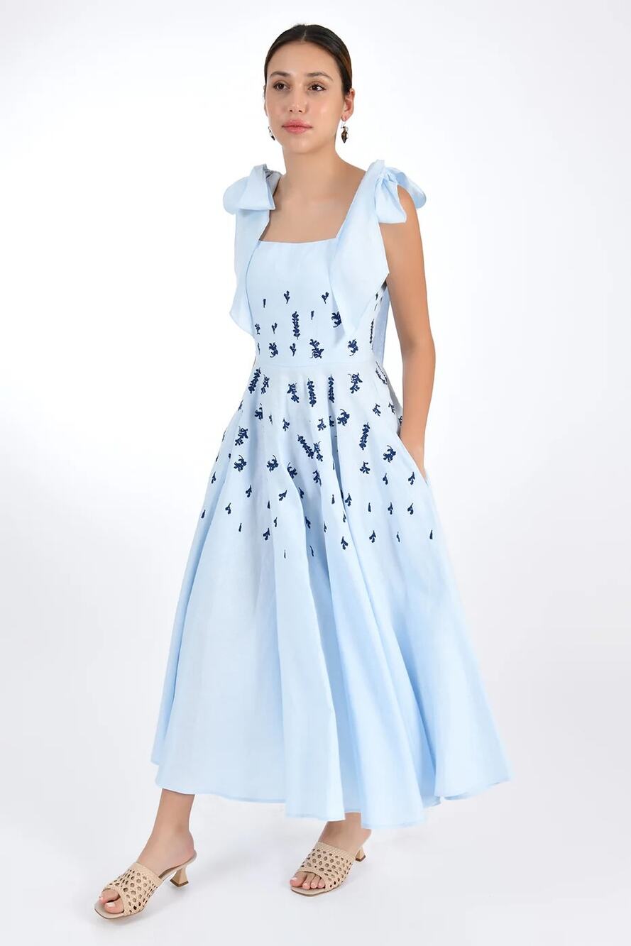 Fanm Mon Mimose Embroidered Bow Shoulder Midi Dress